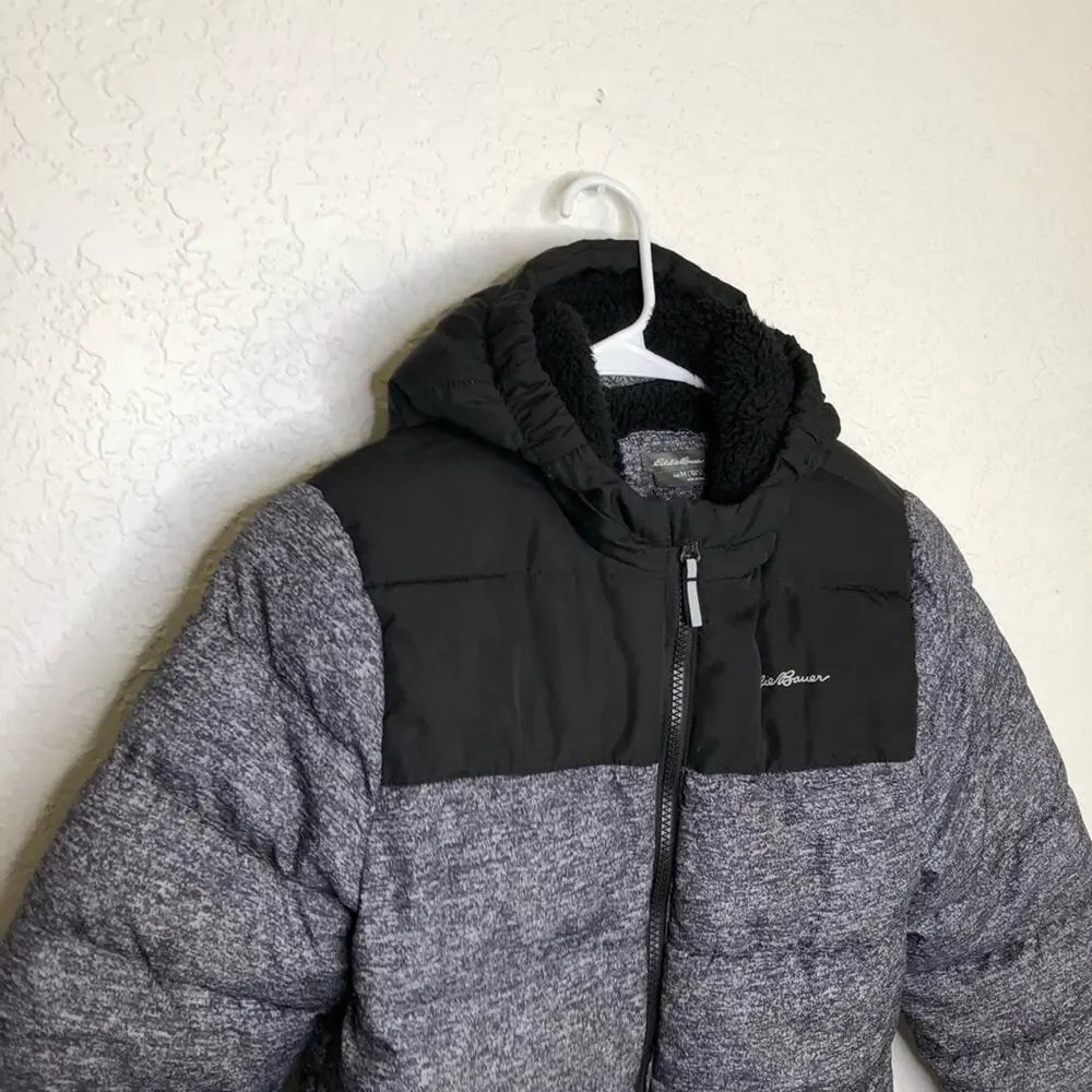 Eddie Bauer boys gray black puffer hooded coat size Medium 10 - 12